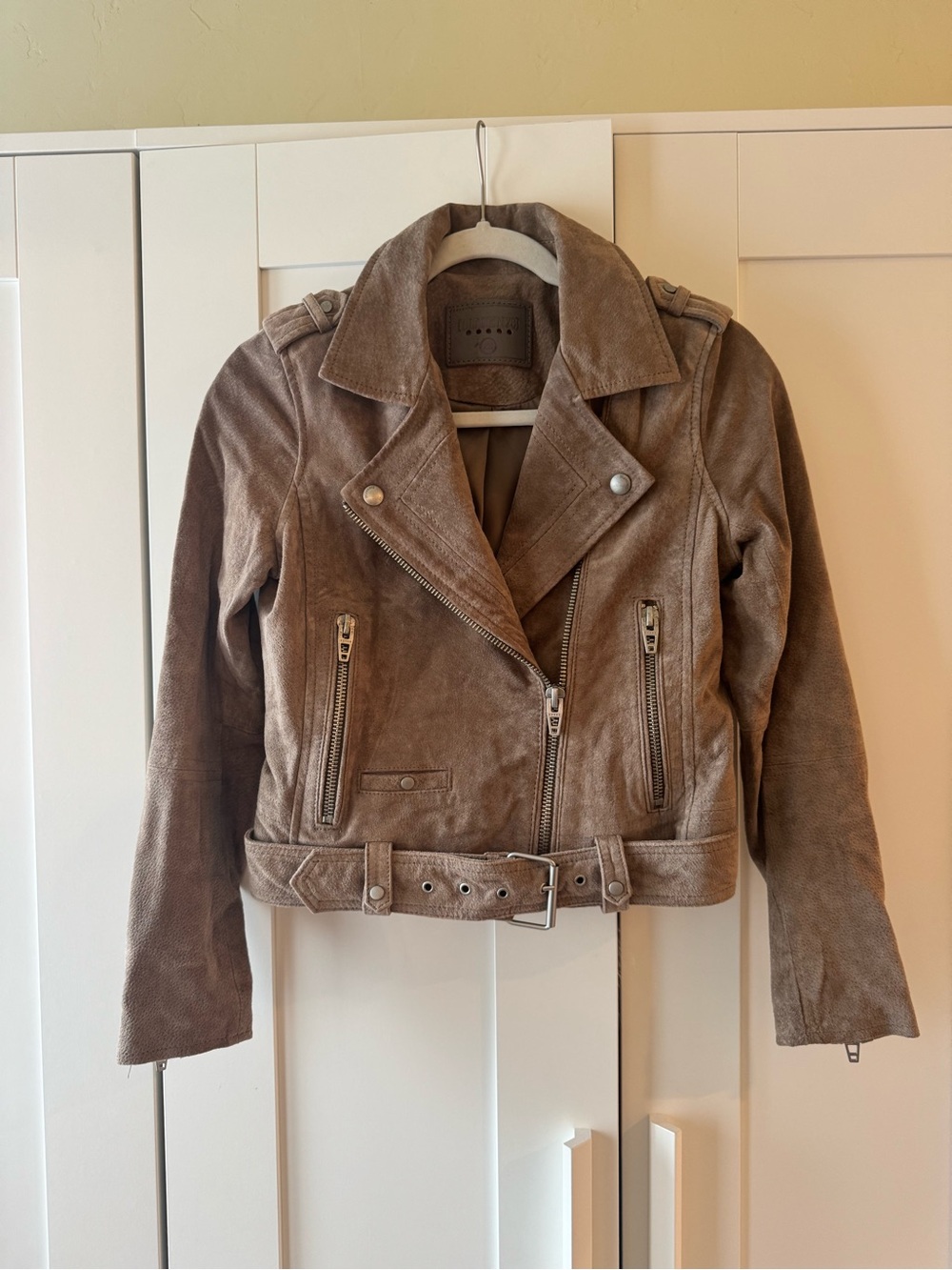 Blank NYC Taupe Suede Moto Jacket with Belt
